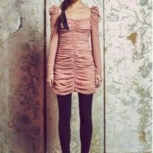 Mestiza NY Francesca Mini Dress Womens 8 Ruched Mesh Polka Dot Puff Sleeve Party